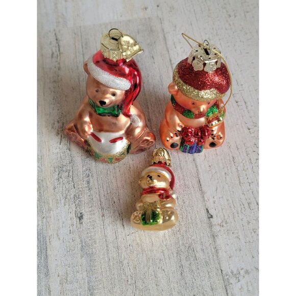 Teddy bear blown glass ornament Xmas set present drum - Picture 2 of 8